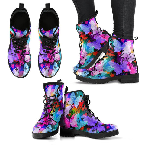 Image of Women’s Colorful Abstract Art Combat Boots - Vegan Leather with Butterflies & Musical Notes