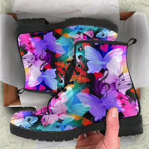 Women’s Colorful Abstract Art Combat Boots - Vegan Leather with Butterflies & Musical Notes