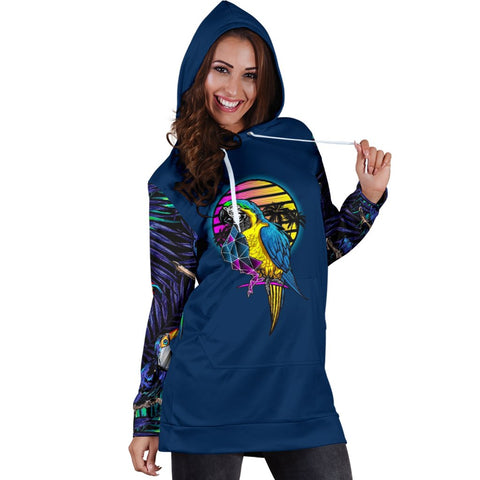 Image of Colorful Navy Blue Tropical Parrot Womens Hoodie Dress, Pullover Long Dress, Hippie Custom Made,Women Hoodie Dress,Custom Printed,Woman Gift