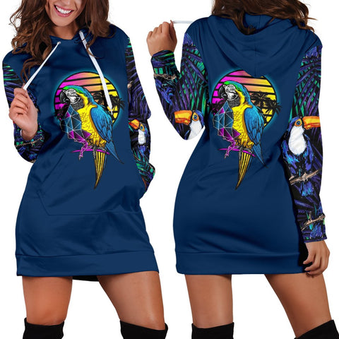 Image of Colorful Navy Blue Tropical Parrot Womens Hoodie Dress, Pullover Long Dress, Hippie Custom Made,Women Hoodie Dress,Custom Printed,Woman Gift