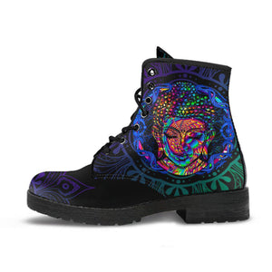 Colorful Buddha Mandala Women's Vegan Boots, Neon Design,