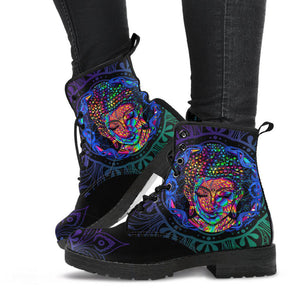 Colorful Buddha Mandala Women's Vegan Boots, Neon Design,