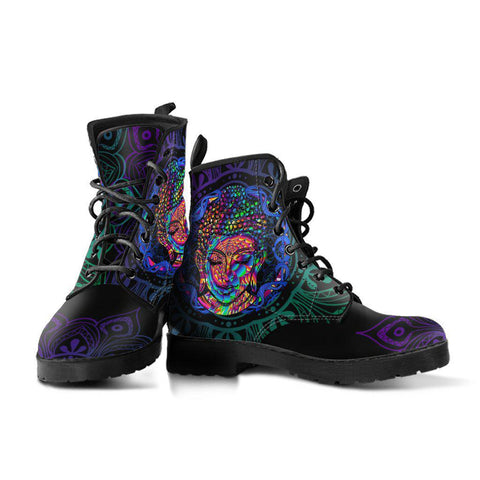Image of Colorful Buddha Mandala Women's Vegan Boots, Neon Design,
