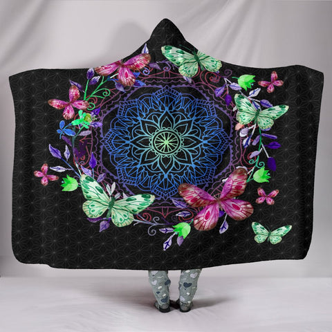 Image of Colorful Neon Butterfly Flower Mandala Blanket,Sherpa Blanket,Bright Colorful,Throw,Vibrant Pattern Hooded blanket,Blanket with Hood