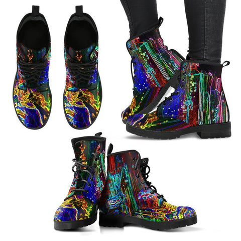 Image of Neon Electric, Vegan Leather Women's Boots, Lace-Up Boho Hippie Style, Mandala Ankle Design