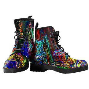 Neon Electric, Vegan Leather Women's Boots, Lace-Up Boho Hippie Style, Mandala Ankle Design