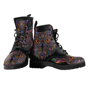 Colorful Owl, Vegan Leather Women's Boots, Handmade Winter and Rain Resistant Footwear