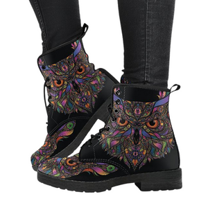 Colorful Owl, Vegan Leather Women's Boots, Handmade Winter and Rain Resistant Footwear