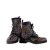 Women's Vegan Leather Boots, Colorful Owl Black Design, Hippie