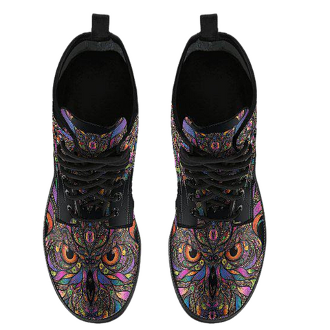 Image of Women's Vegan Leather Boots, Colorful Owl Black Design, Handmade Hippie Spiritual Rain Footwear, Classic Streetwear Style
