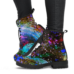 Colorful Abstract Paint Splatter Women's Vegan Leather Boots, Rain