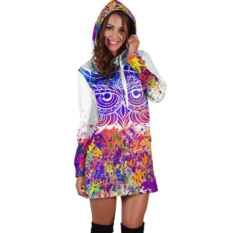 Image of Colorful Paint Splatter Owl Hippie Dress, Womens Hoodie Dress, Pullover Long Dress, Dresses Sweatshirt, Spiritual, Custom Made,Womens Hoodie