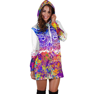 Colorful Paint Splatter Owl Hippie Dress, Womens Hoodie Dress, Pullover Long Dress, Dresses Sweatshirt, Spiritual, Custom Made,Womens Hoodie
