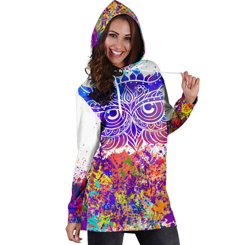 Image of Colorful Paint Splatter Owl Hippie Dress, Womens Hoodie Dress, Pullover Long Dress, Dresses Sweatshirt, Spiritual, Custom Made,Womens Hoodie