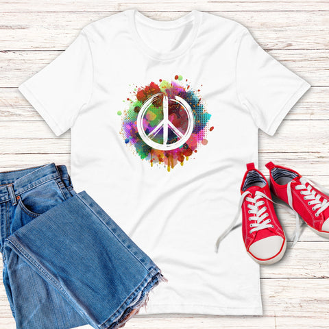 Image of Colorful Paint Splatter Peace Sign Unisex T,Shirt, Mens, Womens, Short Sleeve