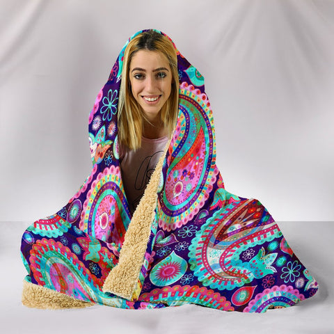 Image of Colorful Paisley Hooded blanket,Blanket with Hood,Soft Blanket,Hippie Hooded Colorful Throw,Vibrant Pattern Blanket,Sherpa Blanket,Bright