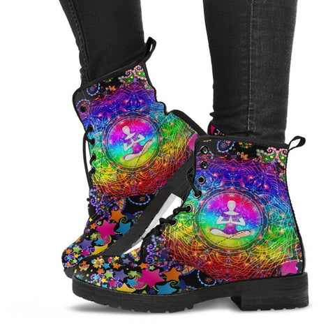 Image of Women’s Vegan Leather Boots , Colorful Stars Floral Yoga Meditating ,