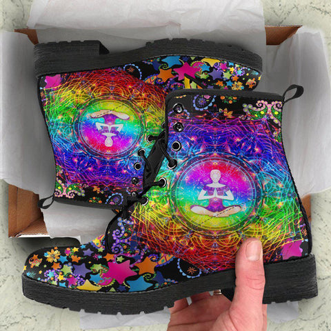 Image of Women’s Vegan Leather Boots , Colorful Stars Floral Yoga Meditating ,