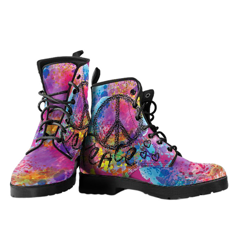 Image of Peace Sign Vegan Leather Boots for Women, Handcrafted Hippie Style, Classic