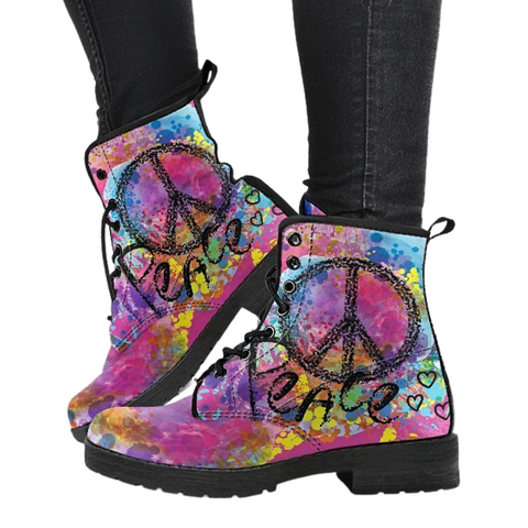 Image of Peace Sign Vegan Leather Boots for Women, Handcrafted Hippie Style, Classic Streetwear Footwear, Perfect Women's Gift, Stylish Boots