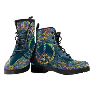 Bright Peace Mandala Women's Vegan Leather Boots, Multi-Coloured, Combat Style, Handmade Ankle Boots