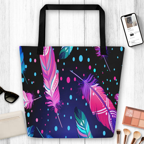 Colorful Pink & Blue Multicolored Feather Polka Dot Large Tote Bag, Weekender Tote/ Hospital Bag/ Overnight/ Graphic/ Shopping Bags, Canvas