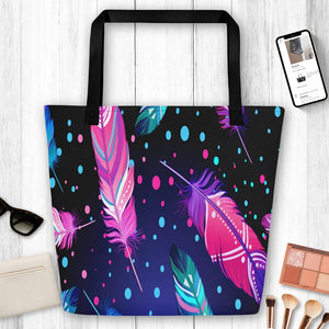 Colorful Pink & Blue Multicolored Feather Polka Dot Large Tote Bag, Weekender