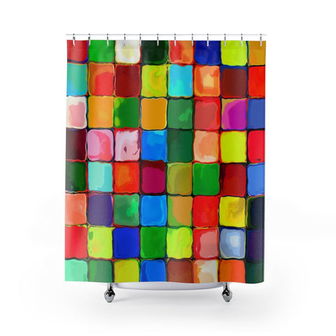 Image of Colorful Rainbow Color Block Squares Multicolored Shower Curtains, Water Proof