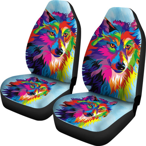 Image of Colorful Rainbow Wolf Car Seat Covers,Car Seat Covers Pair,Car Seat Protector,Car Accessory,Front Seat Covers,Seat Cover for Car