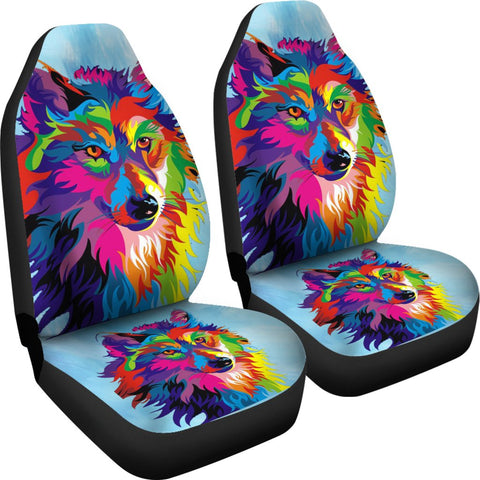 Image of Colorful Rainbow Wolf Car Seat Covers,Car Seat Covers Pair,Car Seat Protector,Car Accessory,Front Seat Covers,Seat Cover for Car