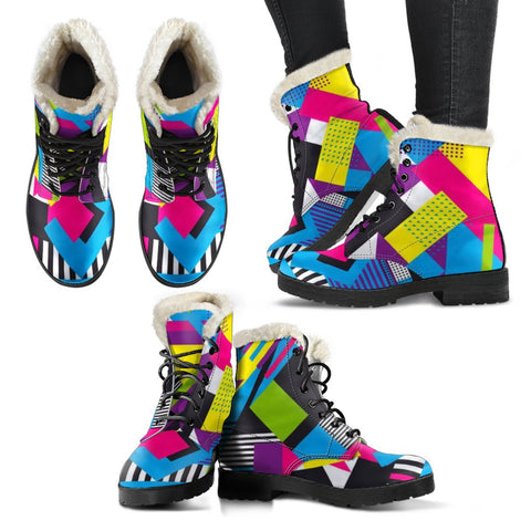 Image of Colorful Retro Blocks Ankle Boots, Lolita Combat Boots,Hand Crafted,Multi Colored,Streetwear, Rain Boots,Hippie,Combat Style Boots,Emo Boots