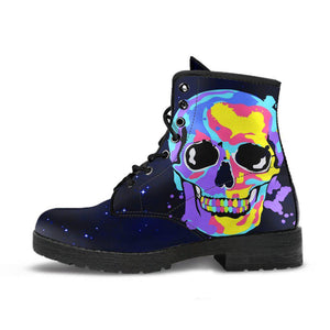 Colorful Skull Splash Womens Leather Boots, Lolita Combat Boots,Hand Crafted,Multi Colored,Streetwear, Custom Boots,Boho Chic boots