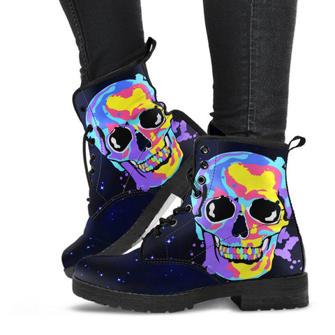 Image of Colorful Skull Splash Womens Leather Boots, Lolita Combat Boots,Hand Crafted,Multi Colored,Streetwear, Custom Boots,Boho Chic boots