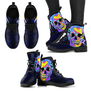 Colorful Skull Splash Womens Leather Boots, Lolita Combat Boots,Hand Crafted,Multi Colored,Streetwear, Custom Boots,Boho Chic boots