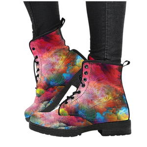 Women's Vegan Leather Boots, Colorful Abstract Rainbow Galaxy Design,