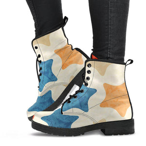 Colorful Stars White Women's Vegan Leather Boots, Handmade Retro Winter Rain Footwear