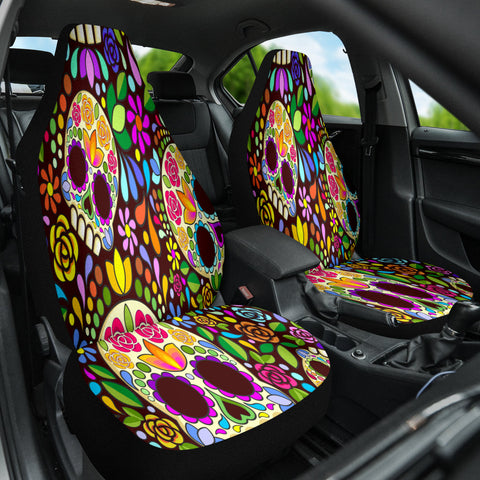 Image of Vibrant Sugar Skull Floral Car Seat Covers, Day of The Dead Design, Colorful Car