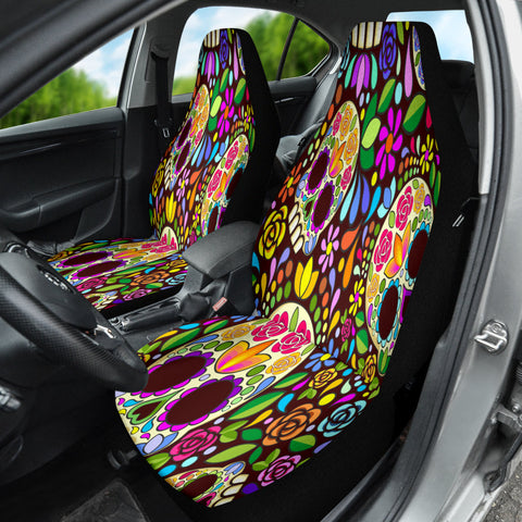 Image of Vibrant Sugar Skull Floral Car Seat Covers, Day of The Dead Design, Colorful Car