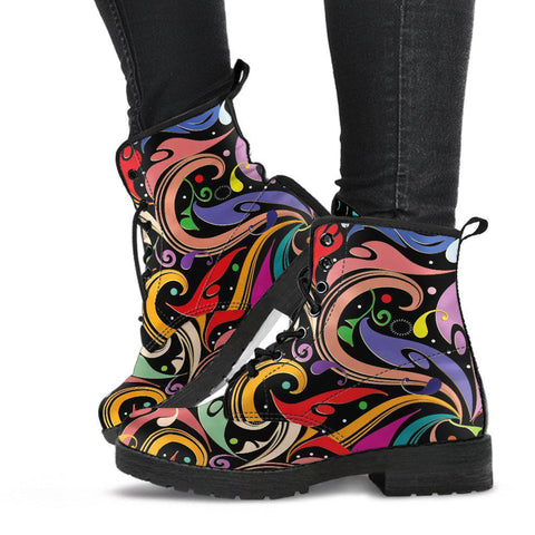 Image of Women's Abstract Colorful Floral Swirl Vegan Leather Boots , Handcrafted,