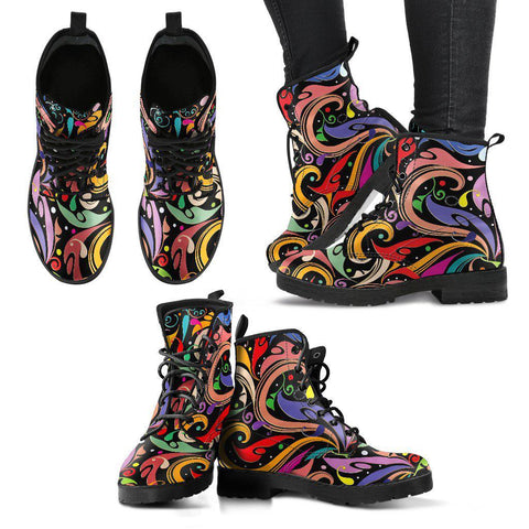 Image of Women's Abstract Colorful Floral Swirl Vegan Leather Boots , Handcrafted,