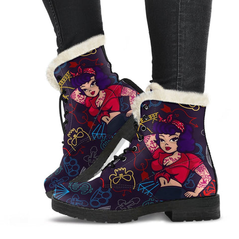 Image of Colorful Tattoo Pin Up Faux Fur Ankle Boots, Lolita Combat Boots,Hand Crafted,Multi Colored,Streetwear, Classic Boot, Rain Boots,Hippie