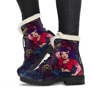 Colorful Tattoo Pin Up Faux Fur Ankle Boots, Lolita Combat Boots,Hand Crafted,Multi Colored,Streetwear, Classic Boot, Rain Boots,Hippie