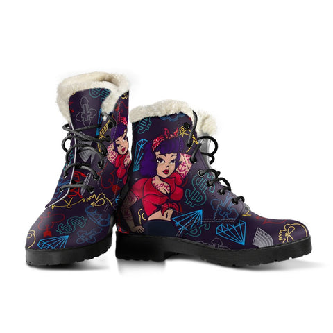 Image of Colorful Tattoo Pin Up Faux Fur Ankle Boots, Lolita Combat Boots,Hand Crafted,Multi Colored,Streetwear, Classic Boot, Rain Boots,Hippie