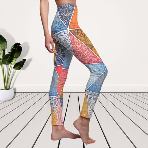 Image of Colorful Triangle Mosaic Multicolored Mandala Women's Cut & Sew Casual Leggings,