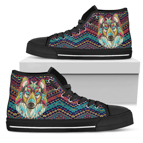 Image of Colorful Tribal Wolf High Tops, High Quality,Handmade Crafted, Spiritual, Streetwear,Canvas Shoes, Boho,,All Star
