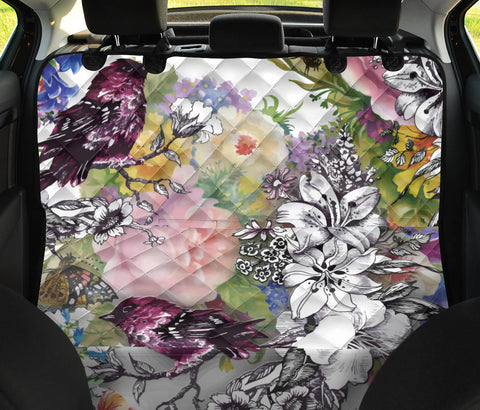Image of Bird and Floral Design Car Back Seat Pet Cover, Watercolor Artwork, Seat