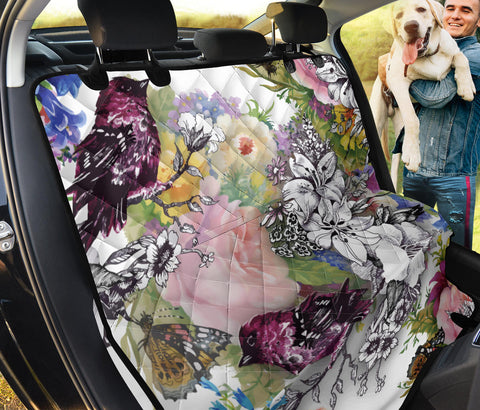 Image of Bird and Floral Design Car Back Seat Pet Cover, Watercolor Artwork, Seat