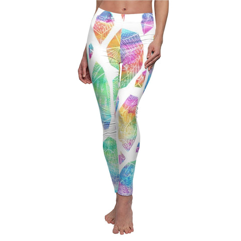 Image of Colorful White Gems Crystal Rock Multicolored Women's Cut & Sew Casual Leggings,
