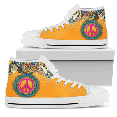 Image of Colorful Yellow Peace Mandala Canvas Shoes,High Quality,Spiritual,High Tops Sneaker,Hippie,Streetwear,All Star,Custom Shoes,Womens High Top