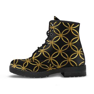 Abstract Gold Circle Women's Vegan Leather Boots, Hippie Streetwear,